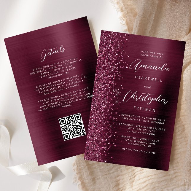Budget Burgundy Brushed Metal QR Code Hochzeit (Von Creator hochgeladen)