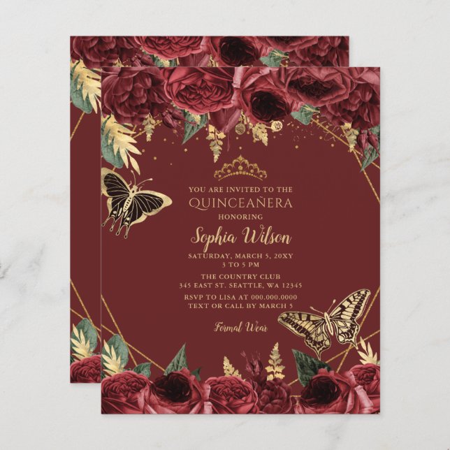 Budget Burgundy Butterfly Quinceñera Invititiation (Vorne/Hinten)