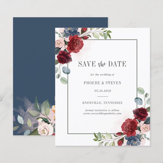 Budget Burgundy Floral Eukalyptus Save the Date (Vorne/Hinten)