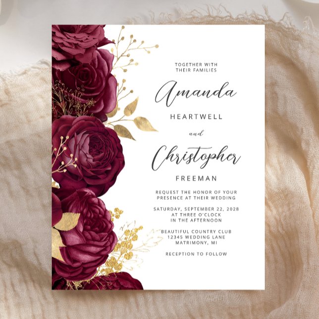 Budget Burgundy Floral Gold Script Einladung (Von Creator hochgeladen)