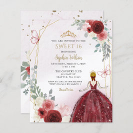 Budget Burgundy Floral Prinzessin Sweet 16 Einladu