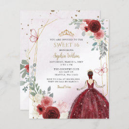 Budget Burgundy Floral Prinzessin Sweet 16 Einladu