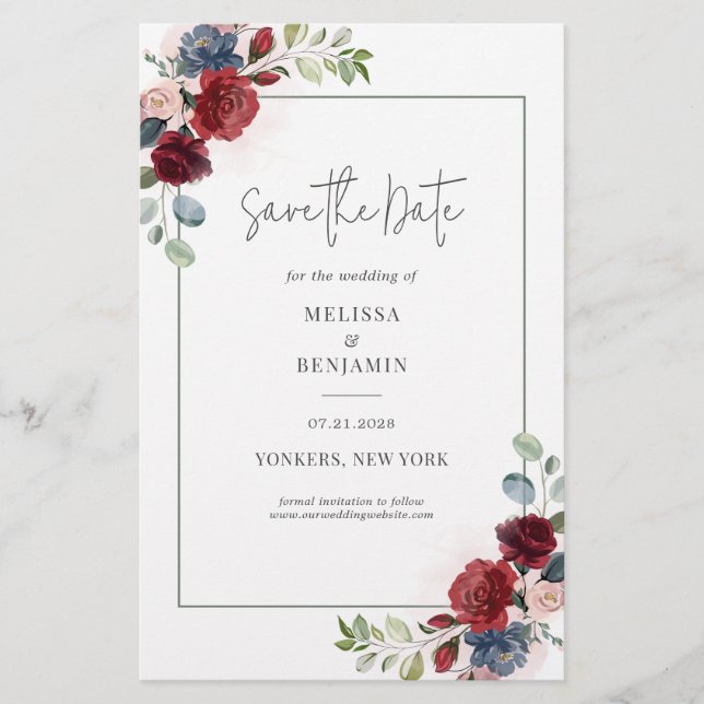 Budget Burgundy Floral Rustikal Save the Date Flyer (Vorne)