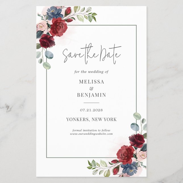 Budget Burgundy Floral Rustikal Save the Date Flyer (Vorne)