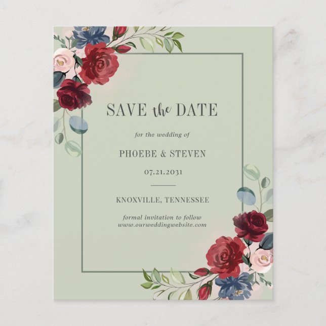 Budget Burgundy Floral Rustikal Save the Date Flyer (Vorne)