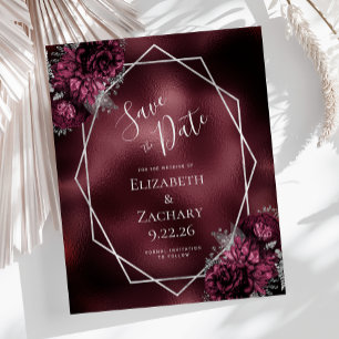 Budget Burgundy Floral Silver Geo Save the Date