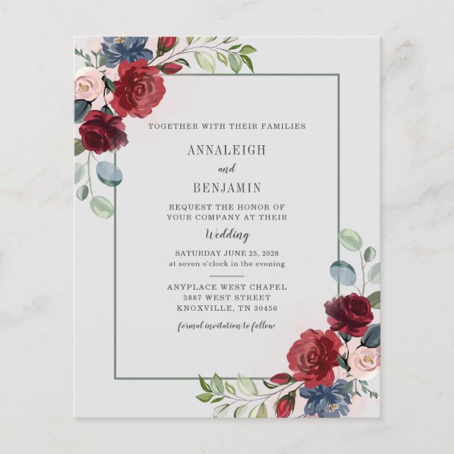 Budget Burgundy Floral Watercolor Moderne Hochzeit (Vorderseite)