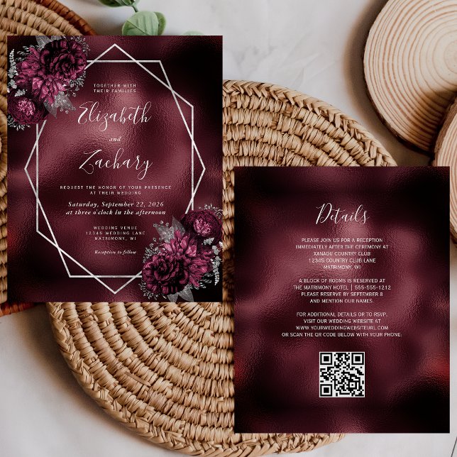 Budget Burgundy Foil Silver Floral QR Code Hochzei (Von Creator hochgeladen)