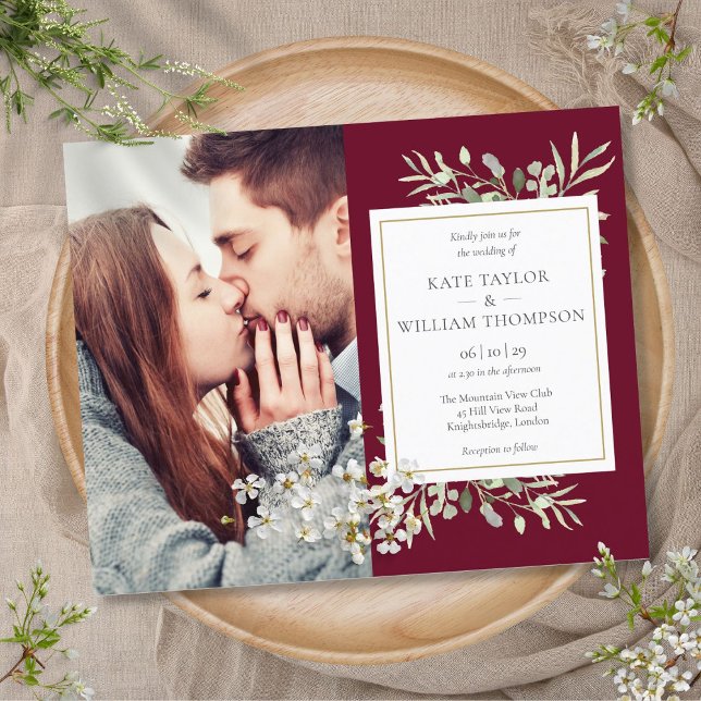 Budget Burgundy Foliage Foto Hochzeit Einladung (Budget Burgundy Foliage Photo Wedding Invitation)