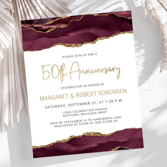Budget Burgundy Gold Agate 50th Anniversary Invite (Von Creator hochgeladen)