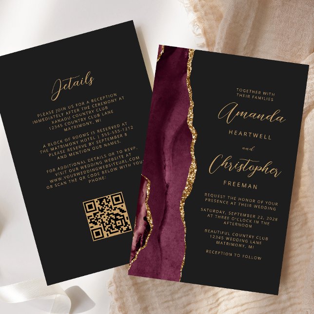 Budget Burgundy Gold Agate Dark QR Code Hochzeit (Von Creator hochgeladen)