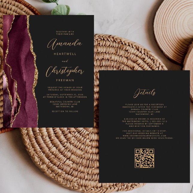 Budget Burgundy Gold Agate Dark QR Code Hochzeit (Von Creator hochgeladen)
