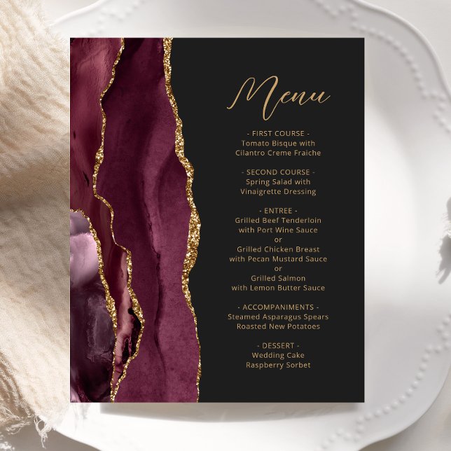 Budget Burgundy Gold Agate Dark Wedding Menü (Von Creator hochgeladen)