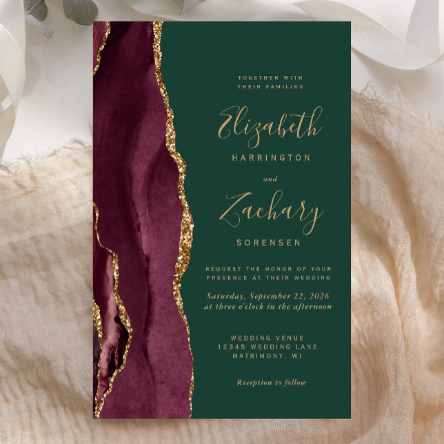 Budget Burgundy Gold Agate Green Wedding Invite (Von Creator hochgeladen)