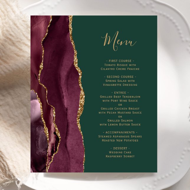Budget Burgundy Gold Agate Green Wedding Menu (Von Creator hochgeladen)