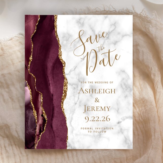 Budget Burgundy Gold Agate Marble Save the Date (Von Creator hochgeladen)