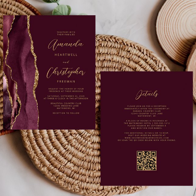 Budget Burgundy Gold Agate QR Code Einladung (Von Creator hochgeladen)