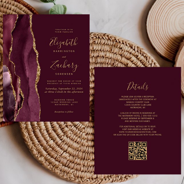 Budget Burgundy Gold Agate QR Code Einladung (Von Creator hochgeladen)