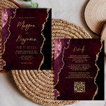 Budget Burgundy Gold Agate QR Code Einladung<br><div class="desc">Diese elegante Hochzeitseinladung zeigt ein Hintergrundbild des bordeauxroten Aquarells, bestickt mit goldenen Imitaten Glitzer. Der anpassbare Text kombiniert goldfarbene moderne Handschrift, Copperplate und kursiven Schriftart. Die Rückseite bietet Platz für Hochzeitsdetails auf einem passenden bordeauxfarbenen Hintergrund, zusammen mit einem QR-Code, den die Gäste scannen können, um Ihre Website und UAWG zu...</div>