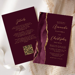 Budget Burgundy Gold Agate QR Code Hochzeit