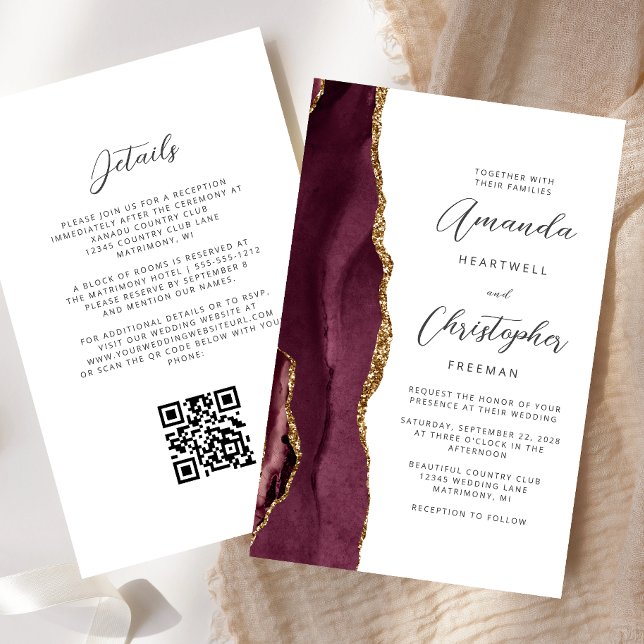 Budget Burgundy Gold Agate QR Code Hochzeit (Von Creator hochgeladen)