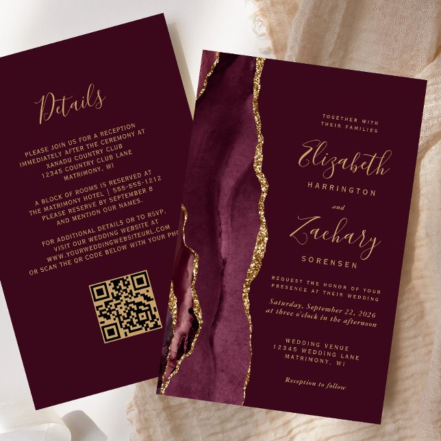 Budget Burgundy Gold Agate QR Code Hochzeit (Von Creator hochgeladen)