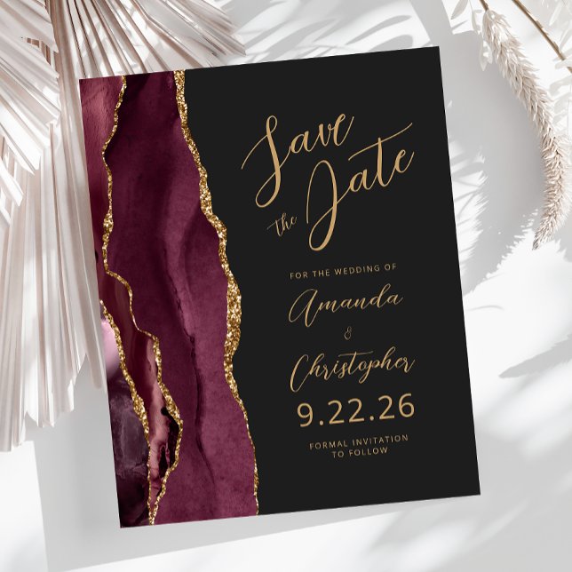 Budget Burgundy Gold Agate Script Save the Date (Von Creator hochgeladen)