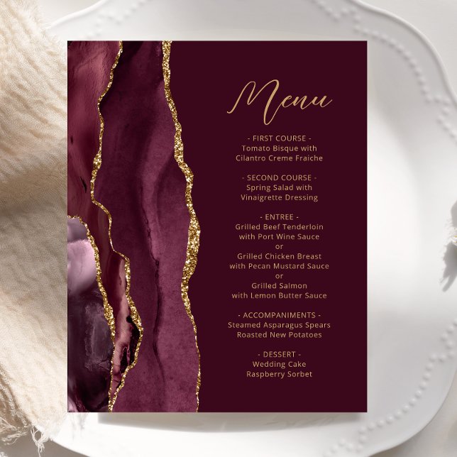 Budget Burgundy Gold Agate Script Wedding Menü (Von Creator hochgeladen)