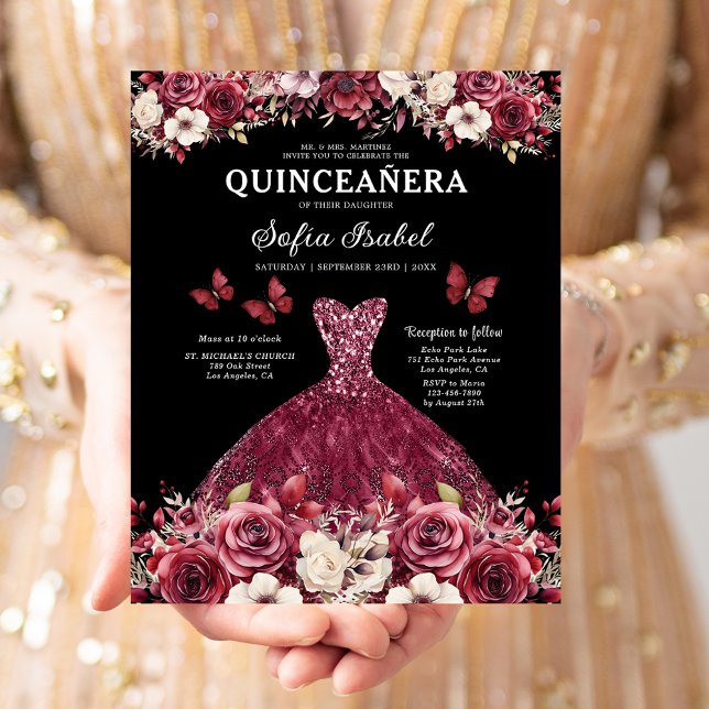 Budget Burgundy Gold Bilingual Spanish Quinceanera Flyer (Von Creator hochgeladen)
