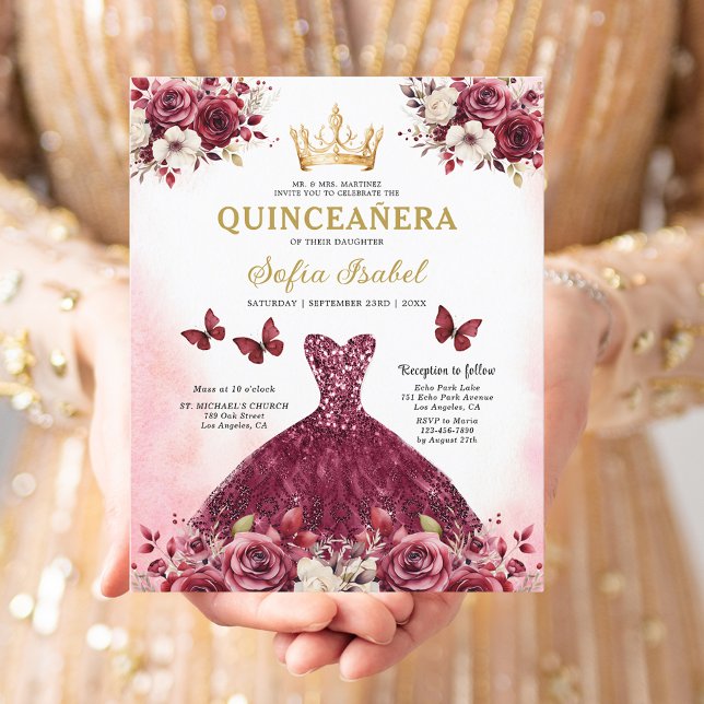 Budget Burgundy Gold Bilingual Spanish Quinceanera Flyer (Von Creator hochgeladen)