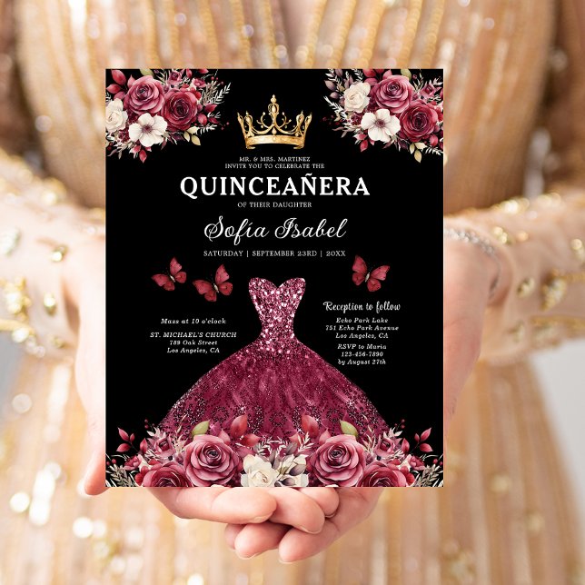 Budget Burgundy Gold Bilingual Spanish Quinceanera Flyer (Von Creator hochgeladen)