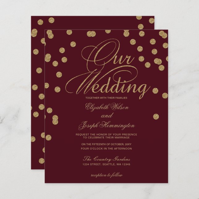 Budget Burgundy Gold Confetti Hochzeit Einladung (Vorne/Hinten)