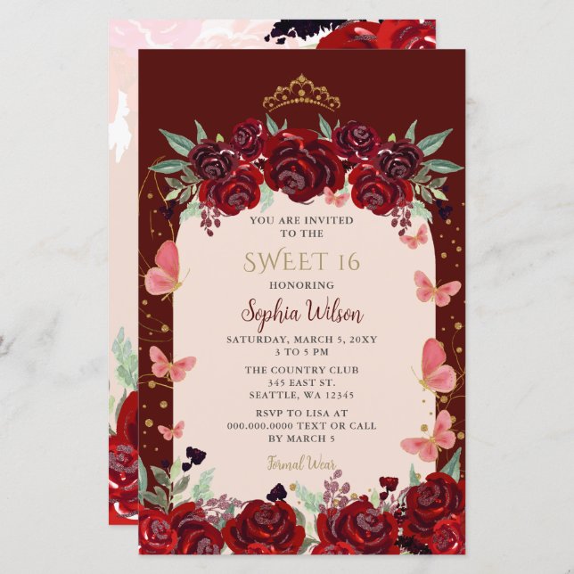 Budget Burgundy Gold Floral Princess Sweet 16 (Vorne/Hinten)