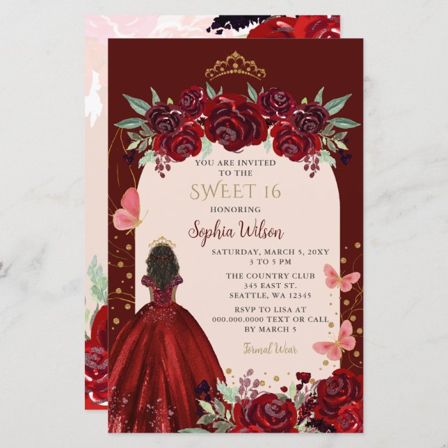Budget Burgundy Gold Floral Princess Sweet 16 (Vorne/Hinten)