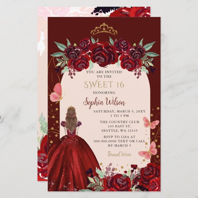 Budget Burgundy Gold Floral Princess Sweet 16 (Vorne/Hinten)