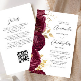 Budget Burgundy Gold Floral QR Code Hochzeit