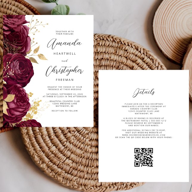 Budget Burgundy Gold Floral QR Code Hochzeit einla (Von Creator hochgeladen)