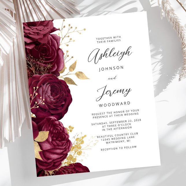 Budget Burgundy Gold Floral Script Wedding Invite (Von Creator hochgeladen)