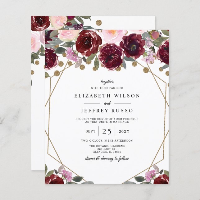 Budget Burgundy Gold Geometric Wedding Einladung (Vorne/Hinten)