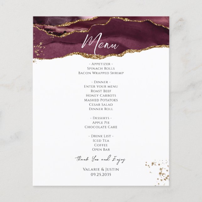 Budget Burgundy Gold Glitzer Marble Wedding Menü (Vorne)
