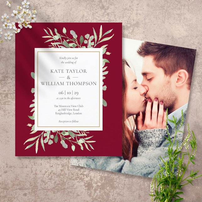 Budget Burgundy Greenery Wedding Foto Einladung (Von Creator hochgeladen)