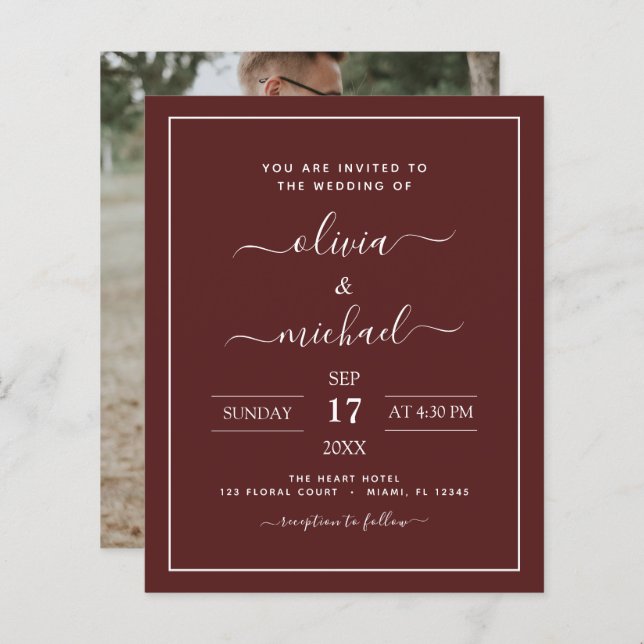 Budget Burgundy Hochzeit mit Foto Einladung (Vorne/Hinten)