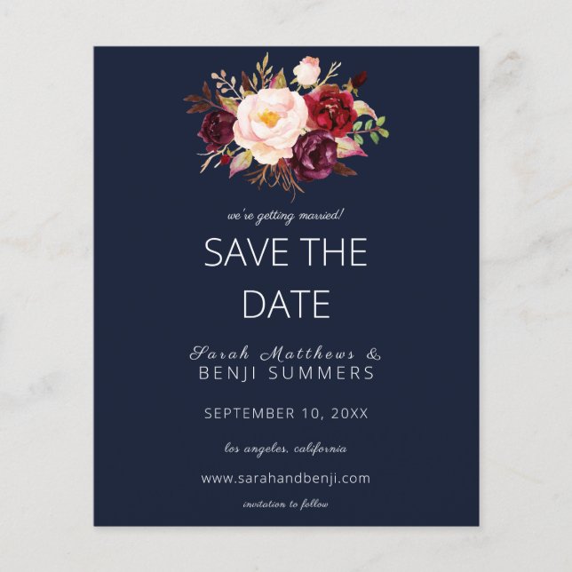 Budget Burgundy Marsa Floral Save the Date - Blau Flyer (Vorne)