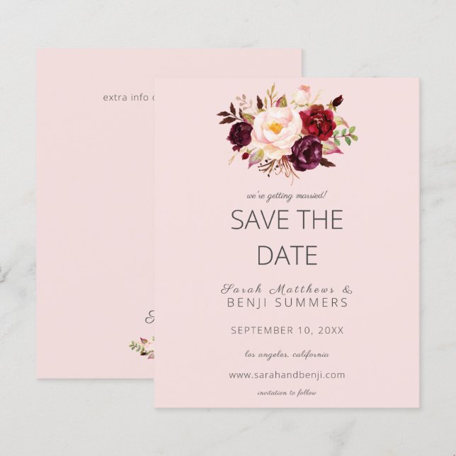 Budget Burgundy Marsa Floral Save the Date - Rosa (Vorne/Hinten)