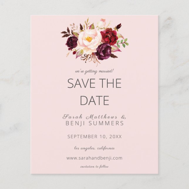 Budget Burgundy Marsa Floral Save the Date - Rosa  Flyer (Vorne)