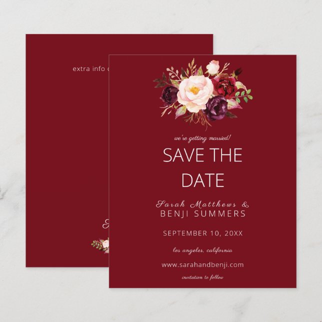 Budget Burgundy Marsa Floral Save the Date - Rot (Vorne/Hinten)