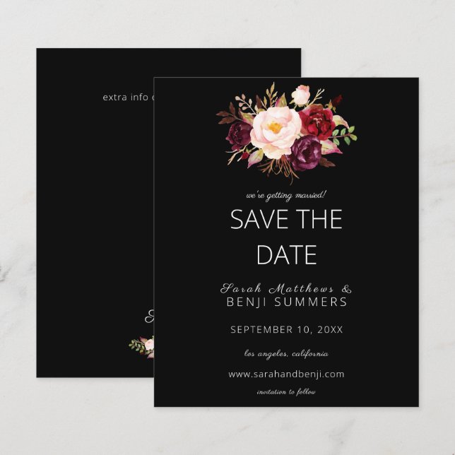 Budget Burgundy Marsa Floral Save the Date - Schwa (Vorne/Hinten)