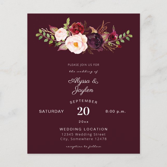 Budget Burgundy Marsala Floral Burg Wedding Flyer (Vorne)