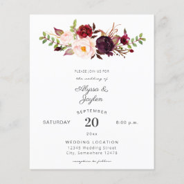 Budget Burgundy Marsala Pink Floral Wedding Flyer