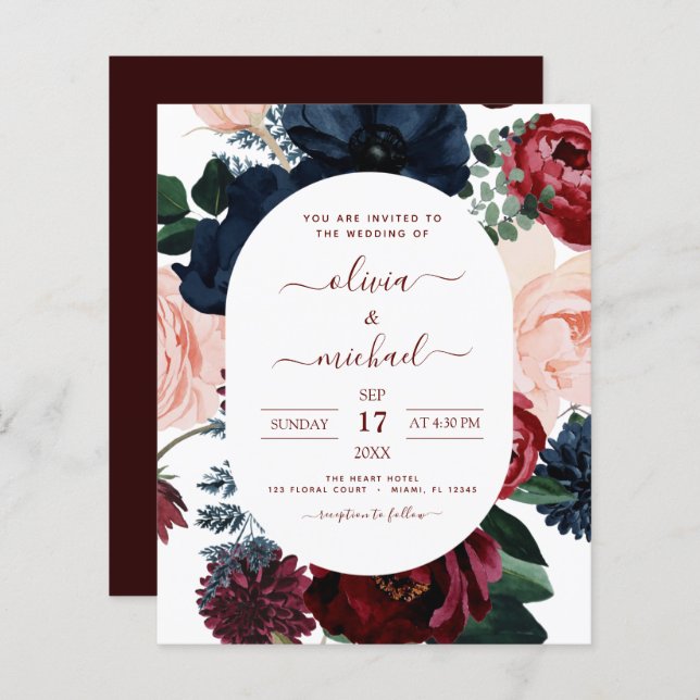 Budget Burgundy Navy Blue Floral Wedding (Vorne/Hinten)